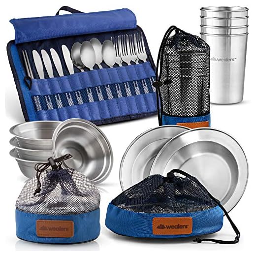 Wealers Unique Complete Messware Kit Polished Stainless Steel Dishes Set| Tableware| Dinnerware| Camping| Buffet| Includes - Cups | Plates| Bowls| Cutlery| Comes in Mesh Bags (4 Person Set) (Blue)