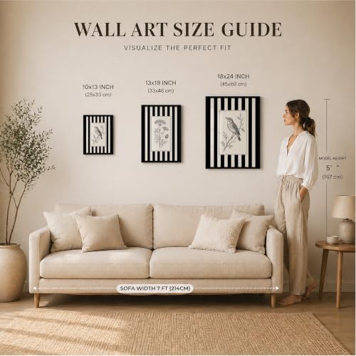 Image of Vintage Black White Wall Art Frames for Living Room Bedroom - Minimalist Botanical & Bird Stripe Wall Painting Set | Modern Aesthetic Monochrome Home Wall Decor with Frame (Art 17, 13x19 Inches, Black)