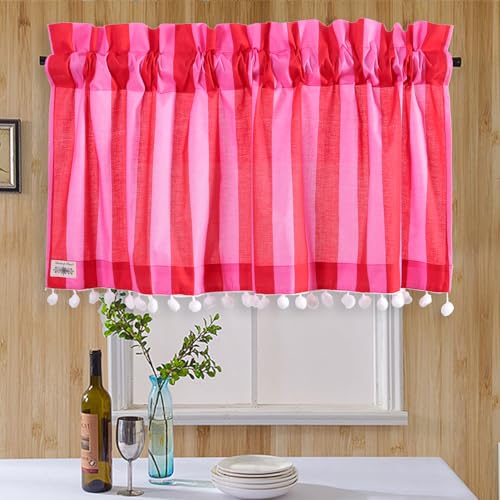 Image of Ravaiyaa - Attitude is everything Hand Printed Half Window Kitchen Curtain 100% Cotton Short Drapery Valance Curtain 40 inch X 18 inch Inch (Pink Red Striped)