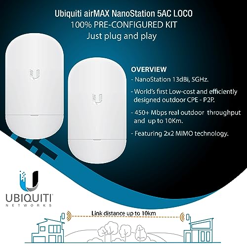 Image of Wireless Bridge Ubiquiti LOCO5AC PRE-CONFIGURED, Bundle of 2 Nanostation LOCO 5AC, 2 Poles Kit and 4 CAT 8 Cable 6FT, Point to Point Outdoor WiFi Bridge, Plugh and Play, 5GHz, 450+Mbps, 10+km