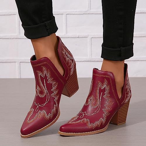 Image of SelRoys Cowboy Boots for Women Cowgirl Ankle Western Embroidered Stitched Pointed Toe Cutout Chunky Heels Short Booties Red Brown Black US5-11