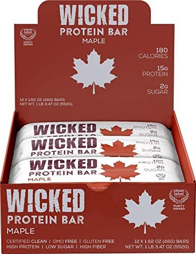 WICKED Protein Bar, Maple, 15g Protein, 2g Sugar, Clean Label Project certified, 12 bars, Gluten Free, GMO Free, Breakfast Bar, Premium Protein Snack, ...