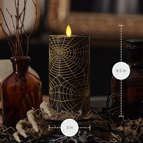 Image of Luminara Spider Flameless LED Candle, Black & Gold 3 inch x 6.5 inch, Moving Flame Pillar, Battery Operated Timer Real Wax Halloween Gothic Home Decor