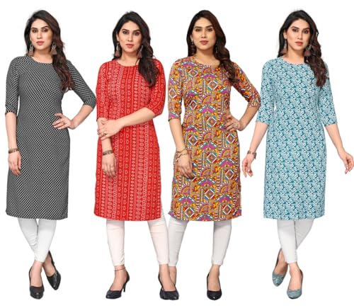 Image of JAKHANA Women's Crepe Printed Casual Straight Calf Length Round Nick Kurta Pack of 4