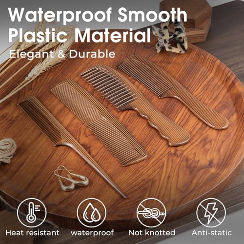 4 Piece Combs with Wooden Grain,Wide tooth Comb,Rat Tail Comb,Beard Combs,Fine Tooth Professional Hair Comb Set for Women,Men Barber Styling/Curly/Teasing/Parting/Mustache - Image 3