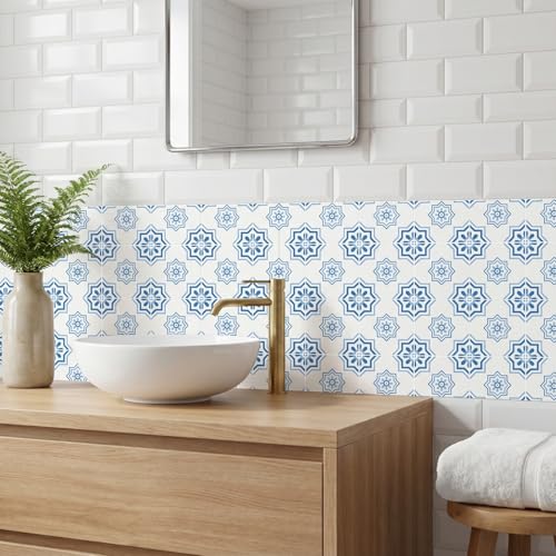 MEIHEA 16 Pack,5.9 Inch Scandinavian Geometric Tile Decals, Light Blue