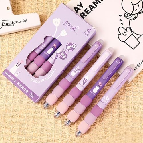 Image of Purple Erasable Gel Pens Set, Blue Ink, Cute Design with Rubber Eraser Cap, 4 Pieces, Student Writing and Office Stationery Gift Set (4-Purple)