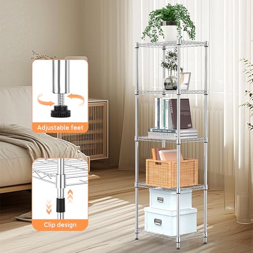 Image of M MZG 5 Tiers Shelf Metal Storage Shelves Wire Rack Closet Organizers with Wheel for Garage Kitchen Bathroom Laundry Chrome 11.8 inch D x 17.7 inch W x 55 inch H