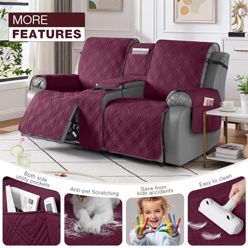 Image of TAOCOCO Polyester Loveseat Recliner Cover With Center Console, Waterproof Pet Protector for Dual Reclining Furniture, Split Design With Straps (2 Seater, Wine)