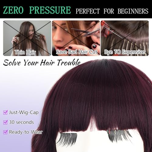 Image of AISI HAIR Synthetic Wavy Curly Bob Wig with Bangs Ombre Dark Red Short Hair Wigs for Women Synthetic Heat Resistant Bob Wigs