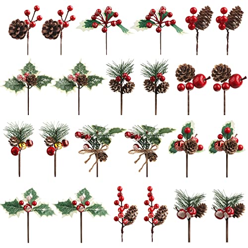 Songjum 24 Piezas Púas de Navidad Bayas de Navidad Artificiales con Piñas Manzanas Campanas Hojas de Acebo Ramas de Pino Artificiales Navidad para Corona Árbol de Navidad Invierno Decoración Cover