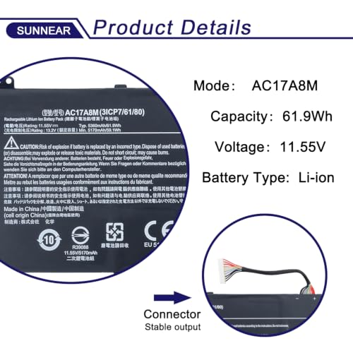 Image of 61.9Wh AC17A8M Battery for Acer Spin 3 SP314-52 TravelMate X3310 X3410