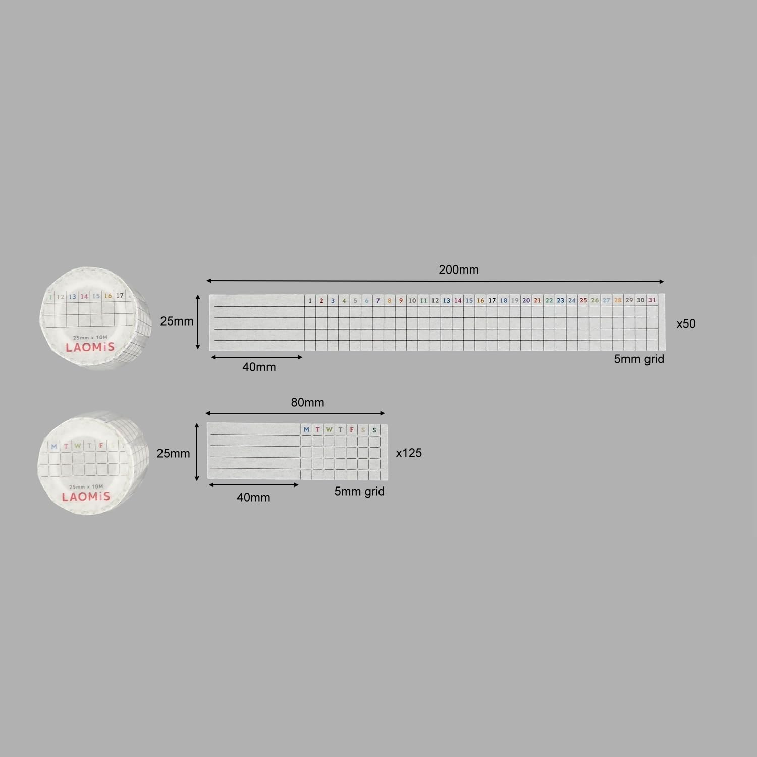 LAOMIS Japanese Writable Washi Tapes/Set of 2 / Habit Tracker / 25mm x 10m / 50 Months & 125 Weeks