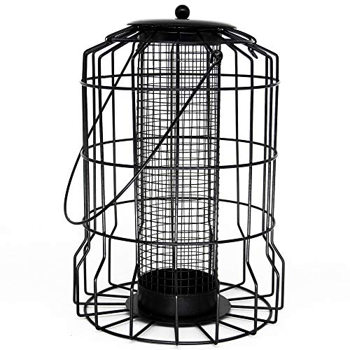 SAND MINE Wild Bird Feeder, Caged Tube Feeder, Squirrel Proof Outdoor Birdfeeder with Large Mesh Metal Seed Guard Deterrent for Large Birds, Black