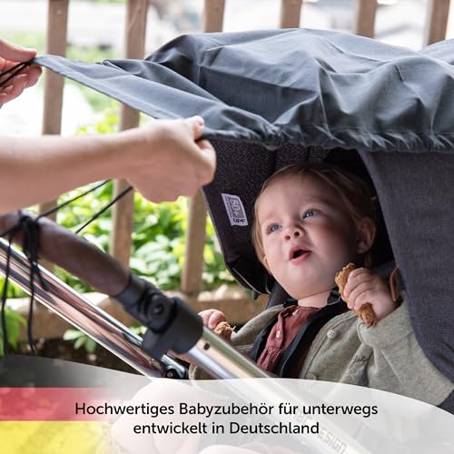 Zamboo Universal Sonnensegel DELUXE mit UV Schutz 50+ für Kinderwagen Babywanne - reißfester Baby Sonnenschutz mit Beschichtung und Rollo-Funktion - Melange Grau