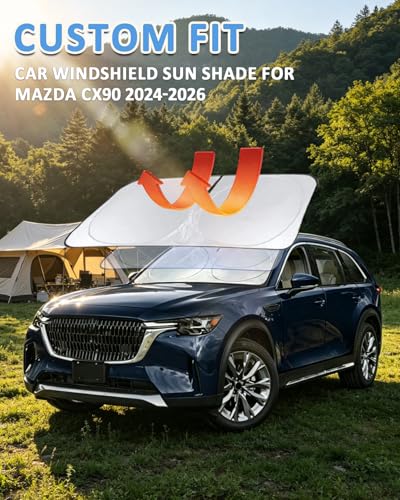 Image of Windshield Sun Shade for 2024 2025 2026 Mazda CX-90 CX90 PHEV, Custom-Fit CX90 Sun Visor Protector, 99% UV Block Heat Sun Shield, Silver Reflective Front Window Sunshade