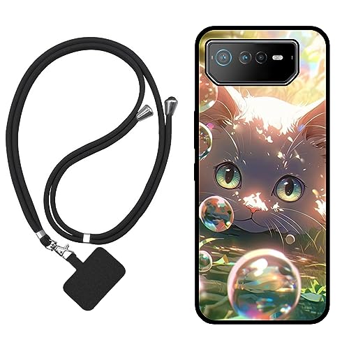 Sunrive Funda Compatible con ASUS ROG Phone 6/6 Pro,Slim Fit Gel Mate Carcasa Case Bumper de Impactos y Anti-Arañazos Espalda Cover (Burbujas Gatos)+1 X Correa Universal