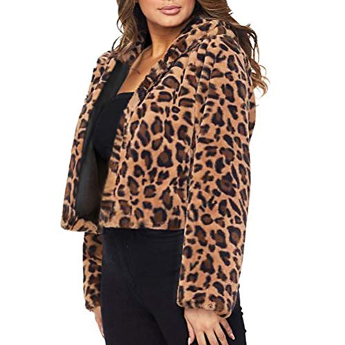 Pervobs Women Leopard Coat Winter Hoodie Faux Fur Long Sleeve Cardigan Jacket Outwear Coat(US:14, Brown)