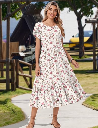 Image of Zeagoo Women Summer Midi A Line Dress Short Sleeve Casual Flowy Tiered Beach Long Sundress with Pockets 2026 Vacation Travel