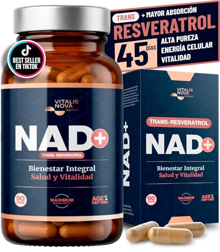 NAD+ Trans Resveratrol Alta Pureza con Nicotinamide Riboside 500mg Quercetina 250mg Apigenina 150mg Ácido Alfa Lipoico 150mg 90 Capsulas Energía Celular Longevidad Antioxidante Piel Anti Age Vitalidad