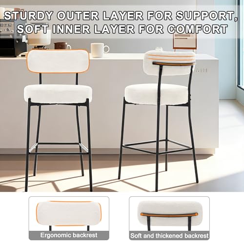 Image of Boucle Bar Stool, 27 inch White Counter Height Barstools with Back and Metal Legs, Upholstered Modern Barstools Chairs for Kitchen Island, Counter, Dining Room
