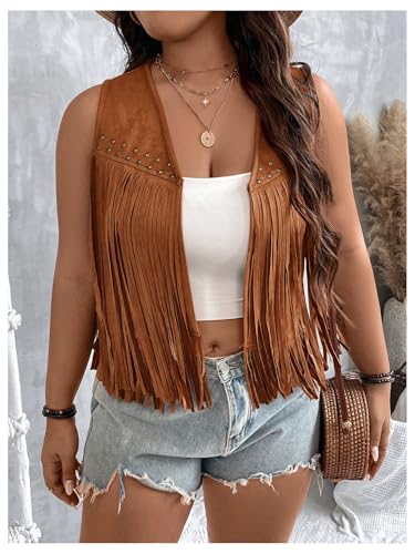 Women's Plus Size Faux Suede Fringe Crop Jacket Vintage Studded Detail Open Front Sleeveless Vest3