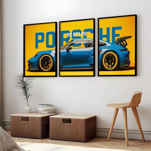 Image of HOMESY Sports Car Framed Posters Gift Items for Boys Room | Wall Decoration for Bedroom Living Room Office Gaming Room Decor | Sports Car Poster with Frame for Wall Decor Set Of 3 Size (13x17 inch, BLACK)