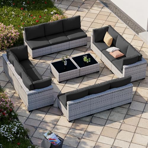 Image of 14-Piece Patio Furniture Set, Outdoor Sectional with Thick Cushions, Modular Patio Sofa, Dual-Strand Wicker Rattan, Rust-Resistant Frame, Backyard Furniture for Garden, Deck, Black