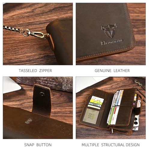 Image of Genuine Crazy Horse Leather Travel Gift Coin Pocket Card Case Long Organizer Chain Rfid Wallet Purse With Snap For Men Male 1803 1815 (W-1820-Brown)