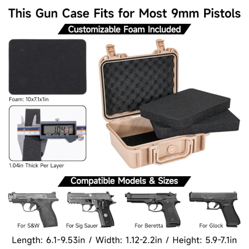 Image of TSA Approved Gun Pistol Case Waterproof Handgun Case with Pre-Cut EVA Foam Shockproof Travel Carrying Hard Shell Case Included Silica Gel Canister, Black