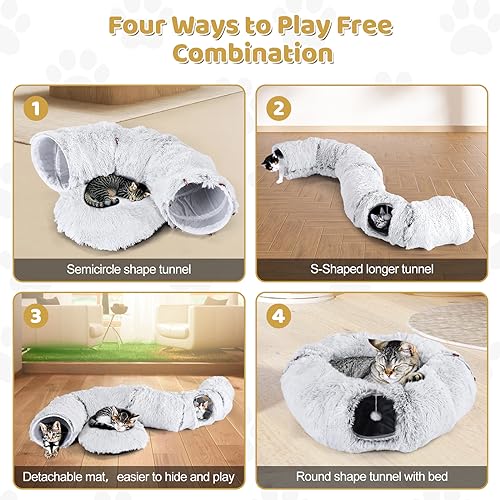 Odoland Large Cat Tunnel with Plush Bed, Multifunctional Foldable Cat Donut Tunnel Bed for Indoor with Ball & Peek Holes - Image 3