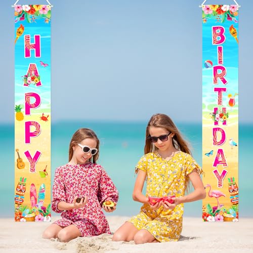 Image of Avezano Summer Hawaiian Birthday Banner Hawaiian Birthday Party Decorations Tropical Aloha Door Banner Luau Decorations Indoor Outdoor