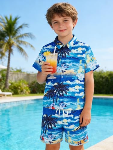 Image of UNICOMIDEA Boys Hawaiian Outfits Tropical Print Button Down Shirt + Swim Trunks 2 Piece Sets for 5-12T Kids