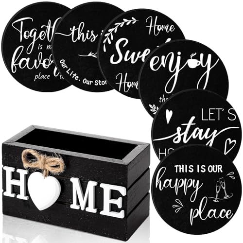 Queekay Coasters Set of 6 House Warming Gifts New Home Wooden Farmhouse Drink Coasters with Holder 4'' Funny Decoration for Kitchen Family Coffee Bar Tabletop Protection(Black)