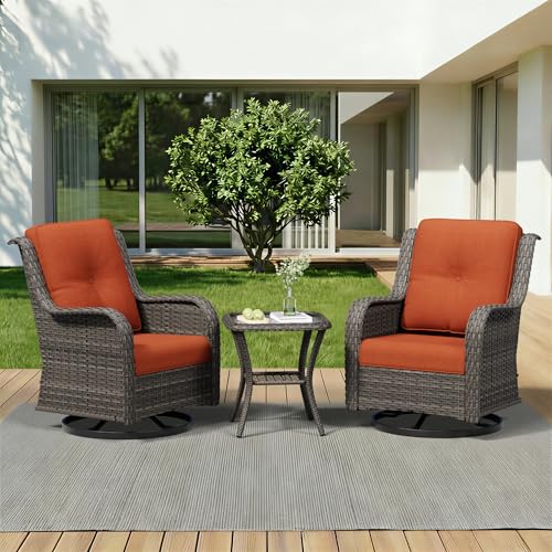Image of 3 Piece Outdoor Wicker Patio Furniture Set, Swivel Rocker Patio Chairs Set with Thickened Olefin Cushions, High Back and Deep Seating, Hand-Woven PE Rattan for Porch, Deck