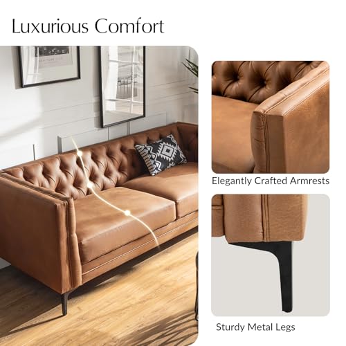 Image of HULALA HOME 84 inch W Faux Leather Sofa Couch with Metal Legs, Button-Tufted 3-Seater Sofa, Mid Century Modern Upholstered Couch for Living Room, Entertainment Area, Apartment,Camel