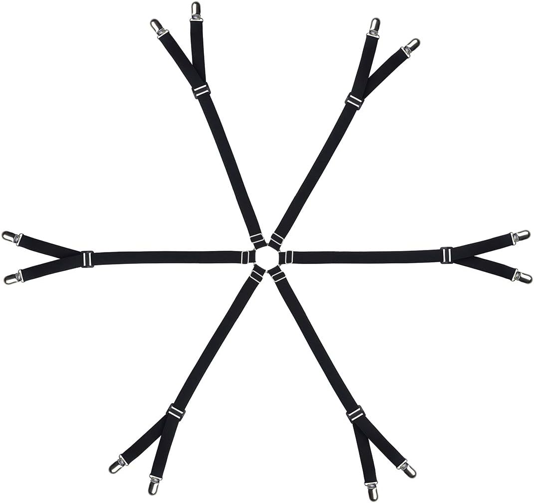 Bed Sheet Straps Adjustable,Metal Fasteners,6 Sides for Full,Queen,King Twin,Any Size Bed (Black)