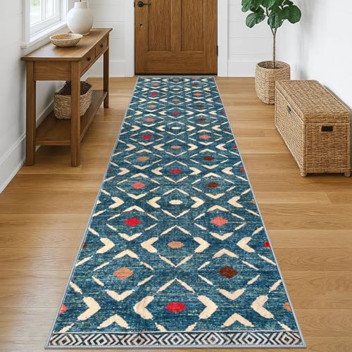 KILOCOCO Hallway Runner Rug 2.6'x10' Runners for Hallways Washable Runner Soft Non Slip Printed Geometric Low-Pile Rugs Runners for Bedroom Kitchen Living Room Boho Rugs, Teal/Blue