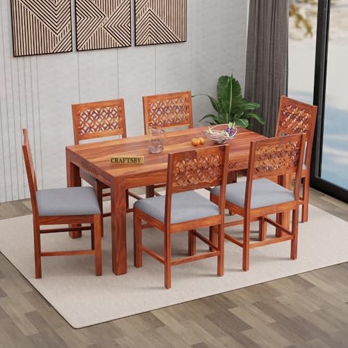 Image of Solid Sheesham Wood 6 Seater Dining Table Set | Six Seater Dinner Table with 6 Grey Cushions Chairs | Dinning Table Set 6 Seater for Living Room | Wooden Table & Chair Set | Honey Finish
