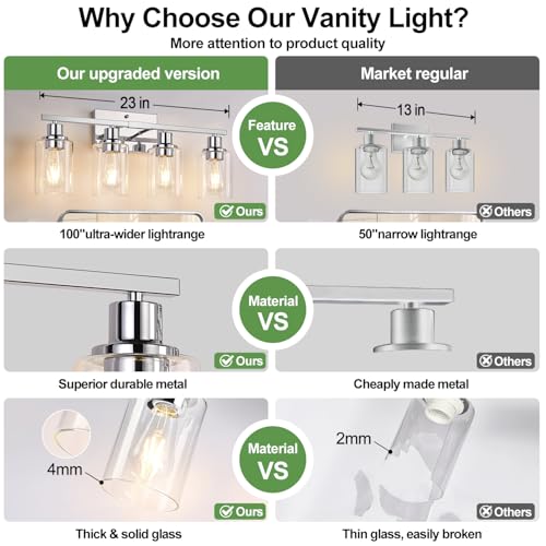 Image of Indoi 4-Light Bathroom Light Fixtures, Chrome Modern Vanity Lights with Clear Glass Shades, Bathroom Wall Lamp for Mirror Living Room Cabinet Bedroom Porch
