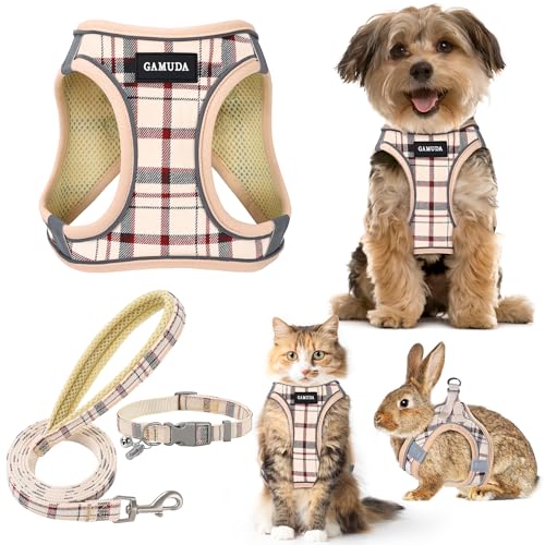 GAMUDA Small Dog Harness Collar and Leash Set, Step in No Chock No Pull Soft Mesh Adjustable Dog Vest Harnesses Plaid Reflective for Dogs Puppy Cats Kitten Rabbit (Beige, S)