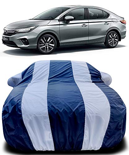 Image of PURPLEHEART Car Body Cover Compatible with Honda City Mirror Pocket Triple Stitched Bottom Elastic Water Resistant UV Protection & Dustproof Car Cover-Blue & White
