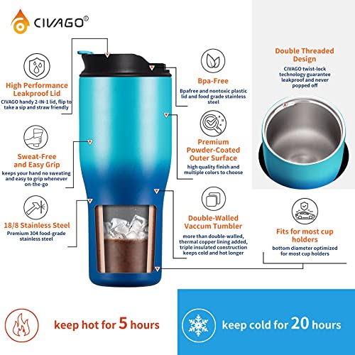 Civago 30 Oz Tumbler With Straw And Lid (2-In-1 Lid), Stainless Steel Insulated Vacuum Coffee Tumbler Cup, Double Wall Leakproof Travel Mug, Navy Blue #TOP1