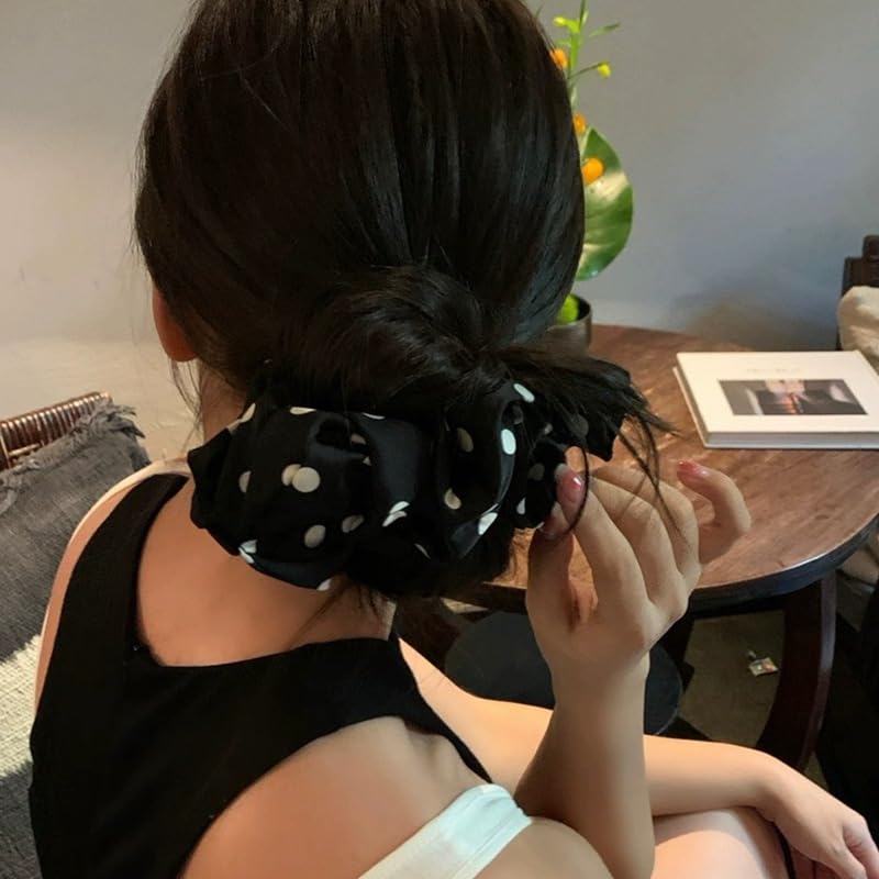 Lemeilleur 2 PCS Polka Dots Silklike Hair Scrunchies Long Hair Hair Eleastic Bands Scrunchy Hair Ties Ropes Ponytail Holders Cloth Bands for Girls and Women
