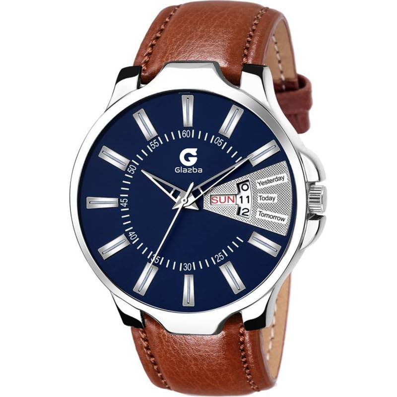 Glazba Mens DD Leather Strap Blue Dial Analog Wrist Watch for Boys with Date and Day Aperture Functioning (B0CW5WPQJC) Amazon Price History, Amazon Price Tracker