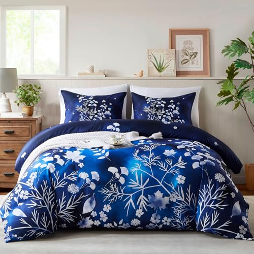 Cupocupa Juego de funda nórdica tamaño King, diseño floral bohemio, ropa de cama suave vintage con estampado de hojas, funda nórdica con fundas de almohada