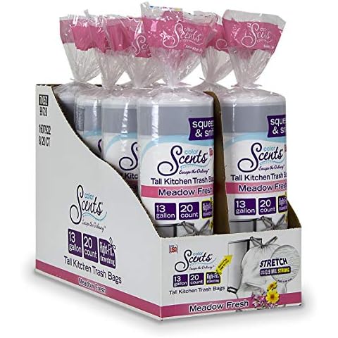 Color Scents Tall Kitchen Trash Bags - 13 Gallon, 160 Total Bags (8 Packs of 20 Count), Drawstring - White Bag in Meadow Fresh Scent Cover
