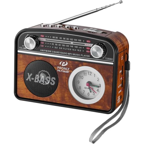 PRONLY Portable AM/FM Radio with Bluetooth, Vintage Style Emergency Radio with Clock & Flashlight, Battery Powered Radio Supporting USB/TF Playback, for Camping & Backup Use (Brown) by PRONLY - Used condition - US$17.84