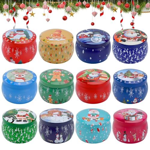 12 Pcs Small Candle Tin Jars Christmas, 4.4Oz Round Empty Metal Candle Tin Jars with Lids, for Dry Storage Spices, Candy, Party Favors, Wedding, and Gifts