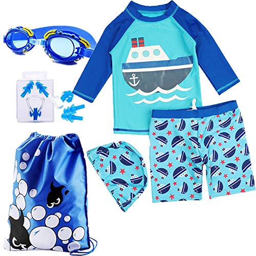Monvecle Little Boys' 6-Pieces Long Sleeve Rash Guard Swimsuit Set with Swim Cap UPF 50+ Boat 5-6y